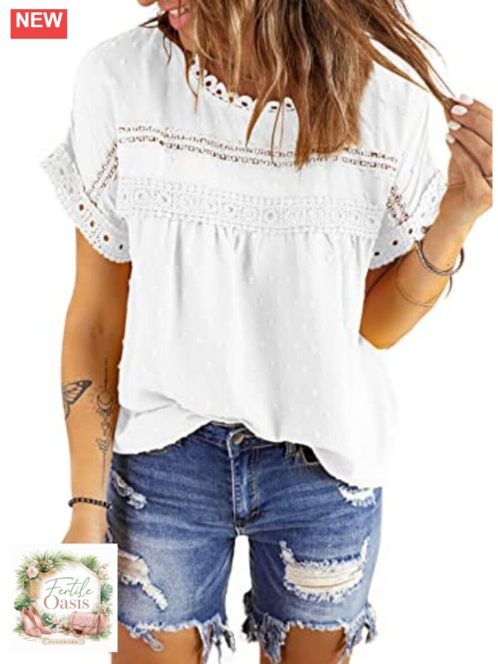 Women's Crochet Lace Chiffon Blouse Short Sleeve Crewneck Summer Top